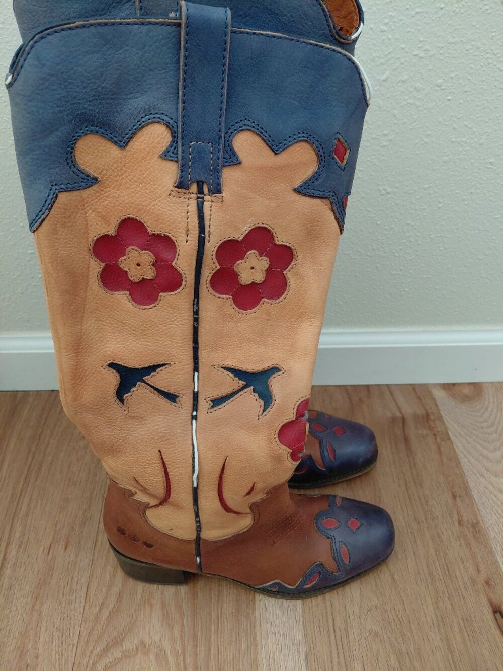 Lucky Brand Floral Brown Leather Cowboy Boots Women Boho Western FLAW